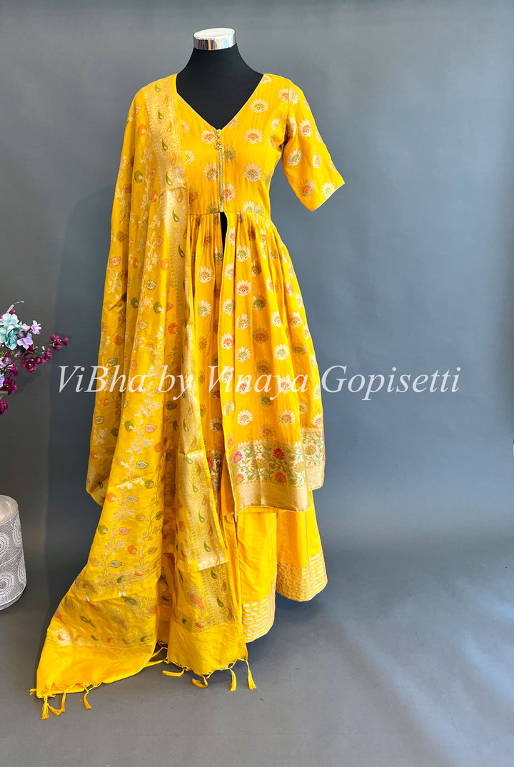 Yellow Benares Silk Front Slit Style Palazzo Set With Dupatta