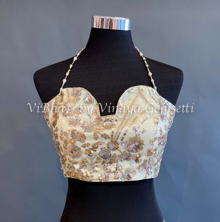 Gold Sequins Embroidered Halter neck Blouse