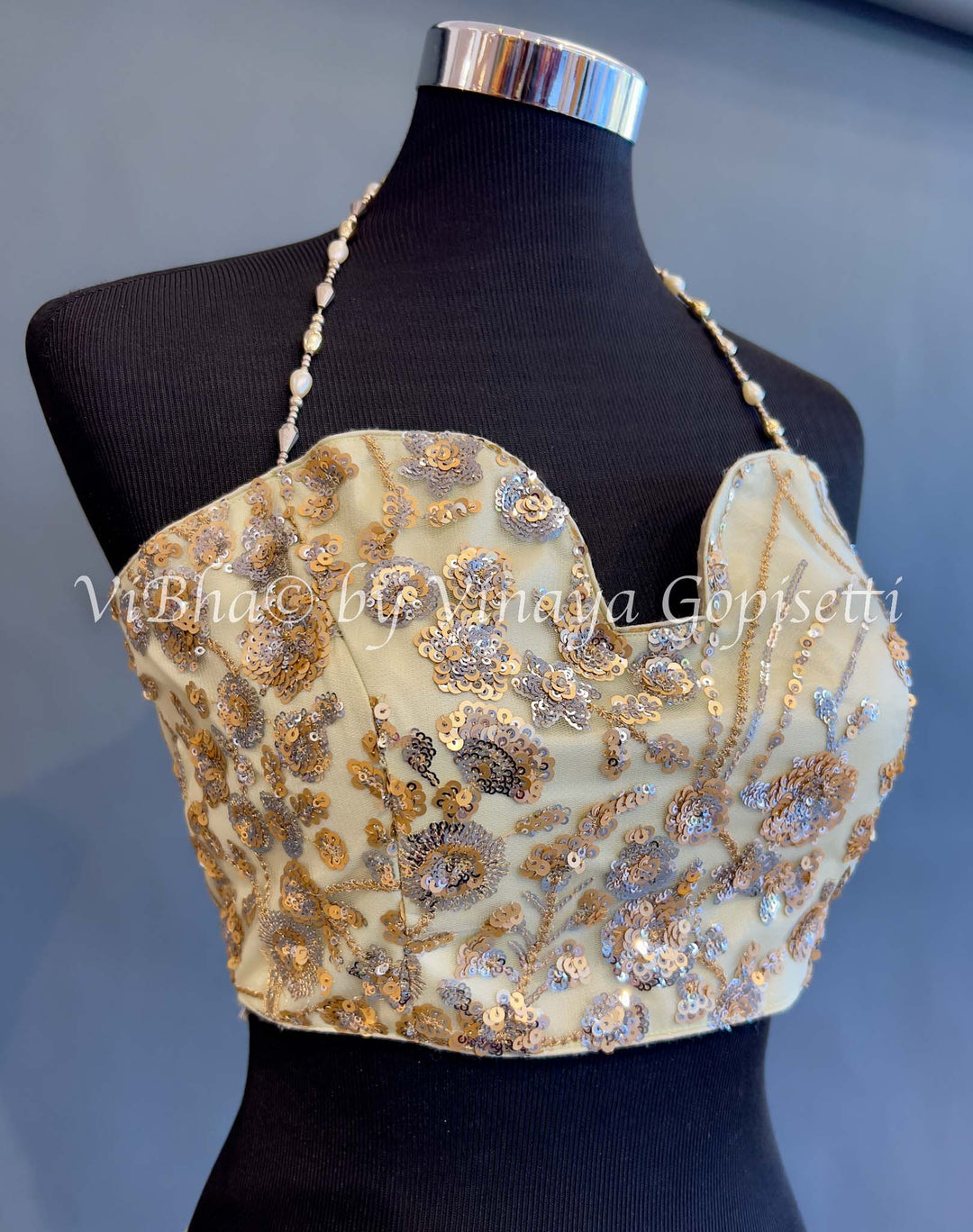 Gold Sequins Embroidered Halter neck Blouse