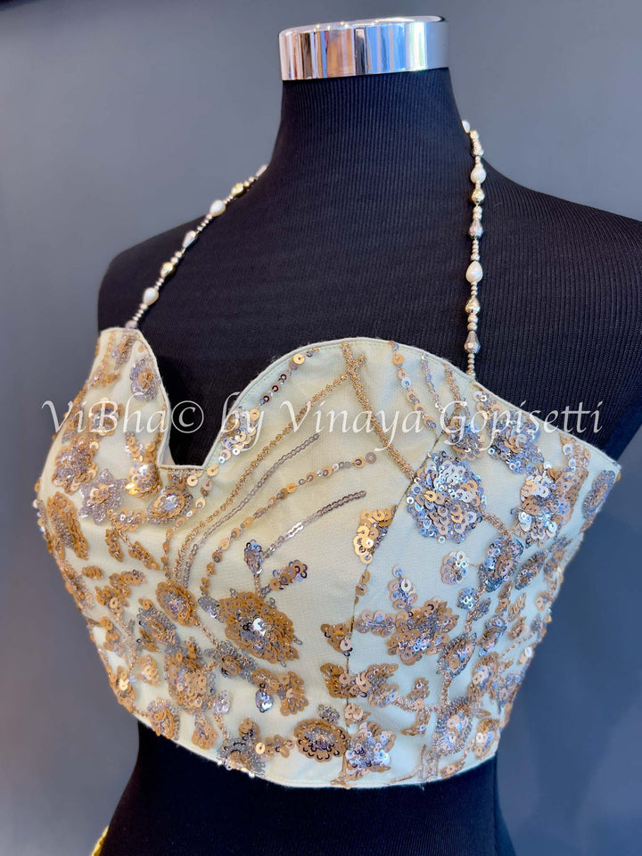 Gold Sequins Embroidered Halter neck Blouse