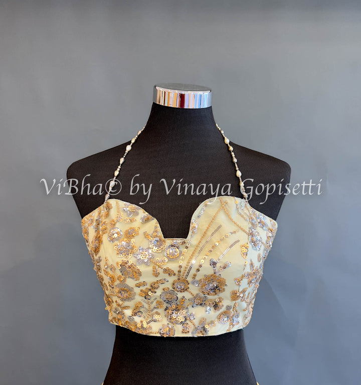 Gold Sequins Embroidered Halter neck Blouse