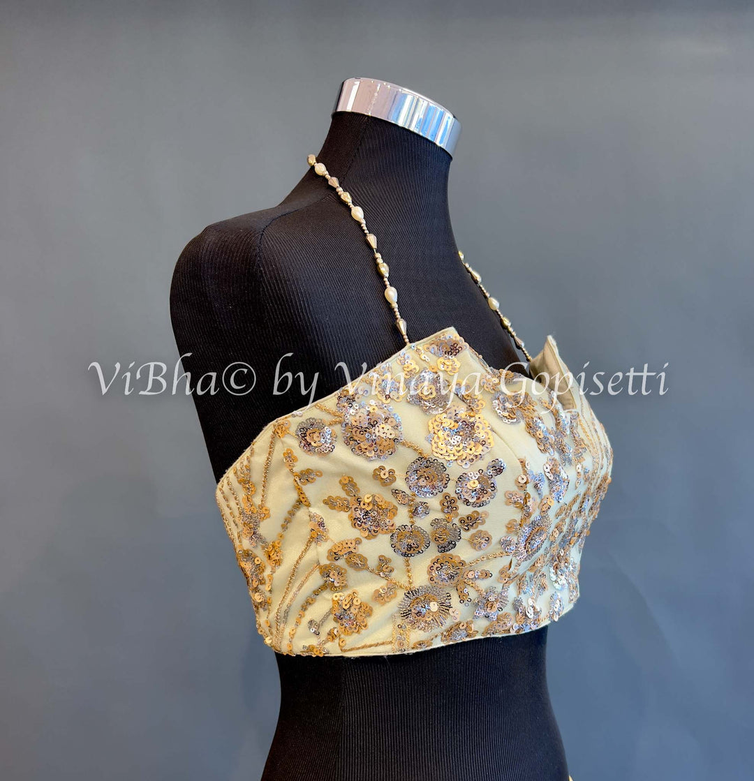 Gold Sequins Embroidered Halter neck Blouse