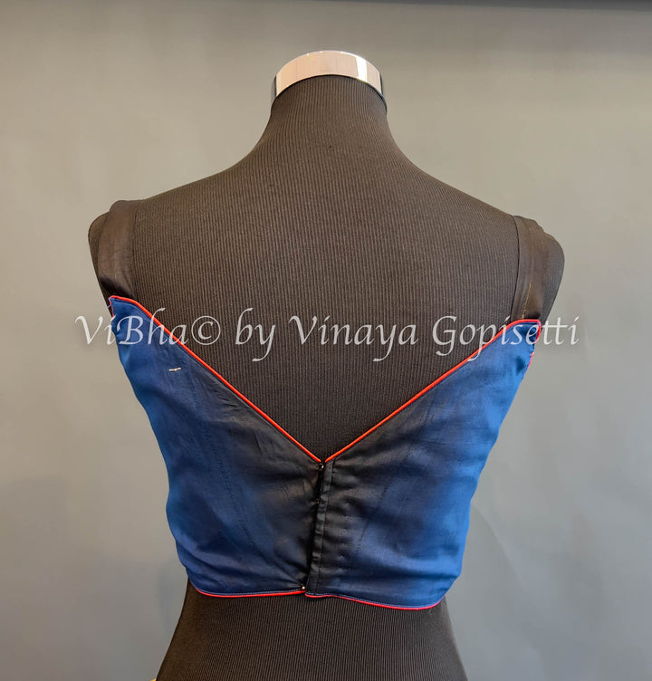 Blue And Black Soft Silk Blouse