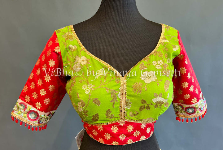 Parrot Green And Red Banarasi Brocade Blouse