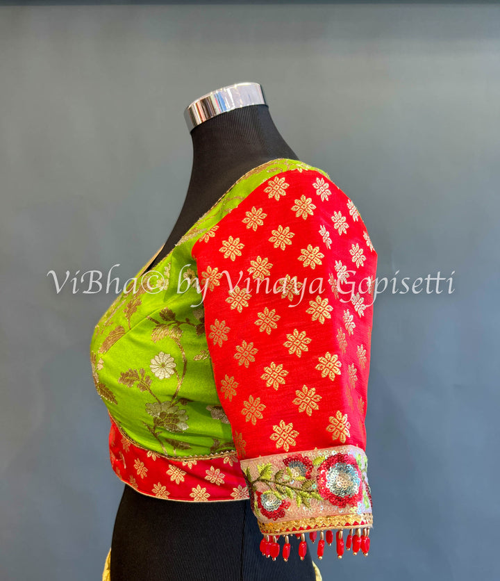 Parrot Green And Red Banarasi Brocade Blouse