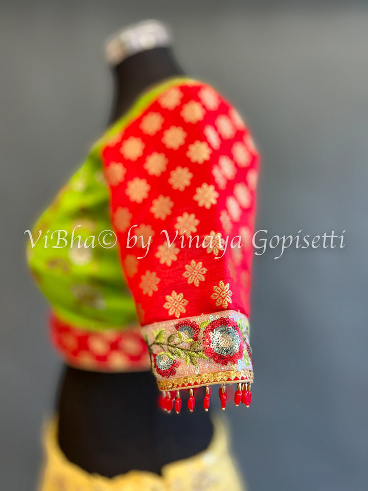 Parrot Green And Red Banarasi Brocade Blouse