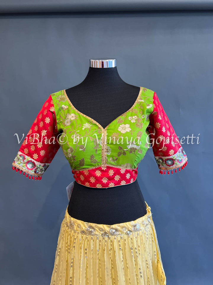 Parrot Green And Red Banarasi Brocade Blouse