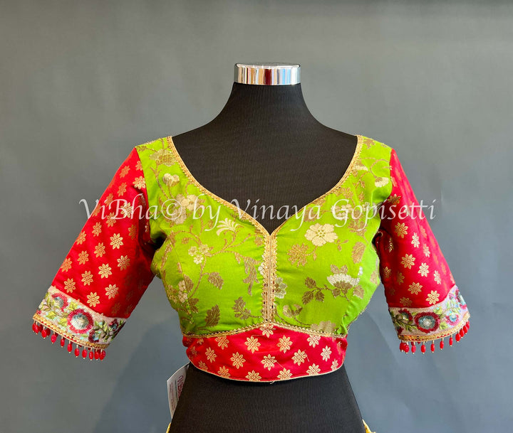 Parrot Green And Red Banarasi Brocade Blouse