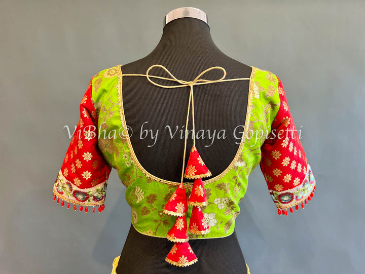 Parrot Green And Red Banarasi Brocade Blouse