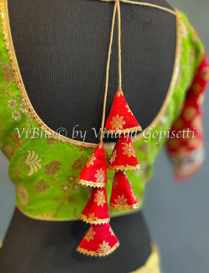 Parrot Green And Red Banarasi Brocade Blouse