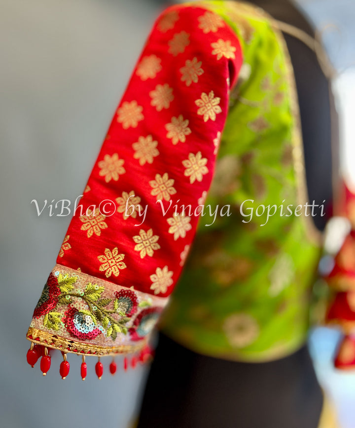 Parrot Green And Red Banarasi Brocade Blouse