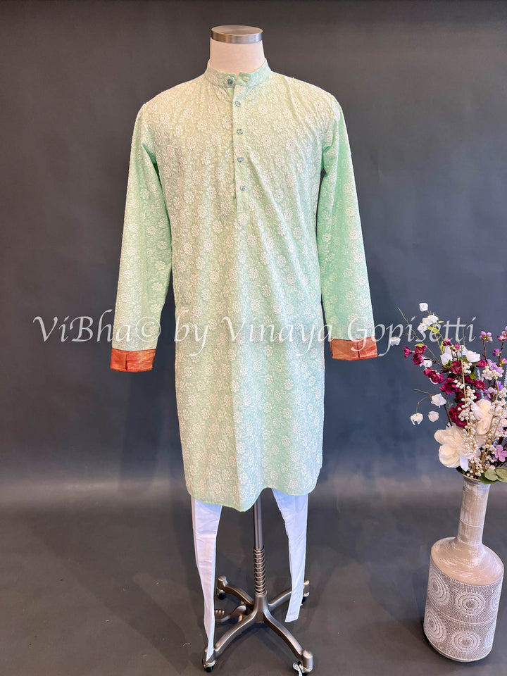 Mint Chikankari Kurta With Paithani Bordered Sleeves