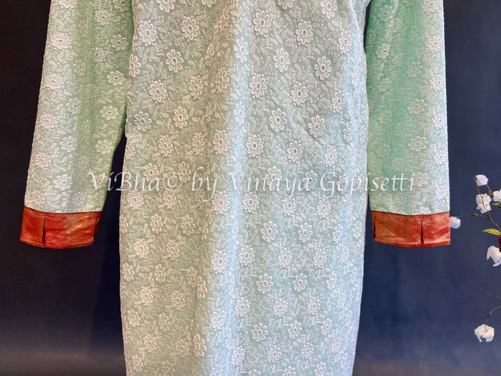 Mint Chikankari Kurta With Paithani Bordered Sleeves