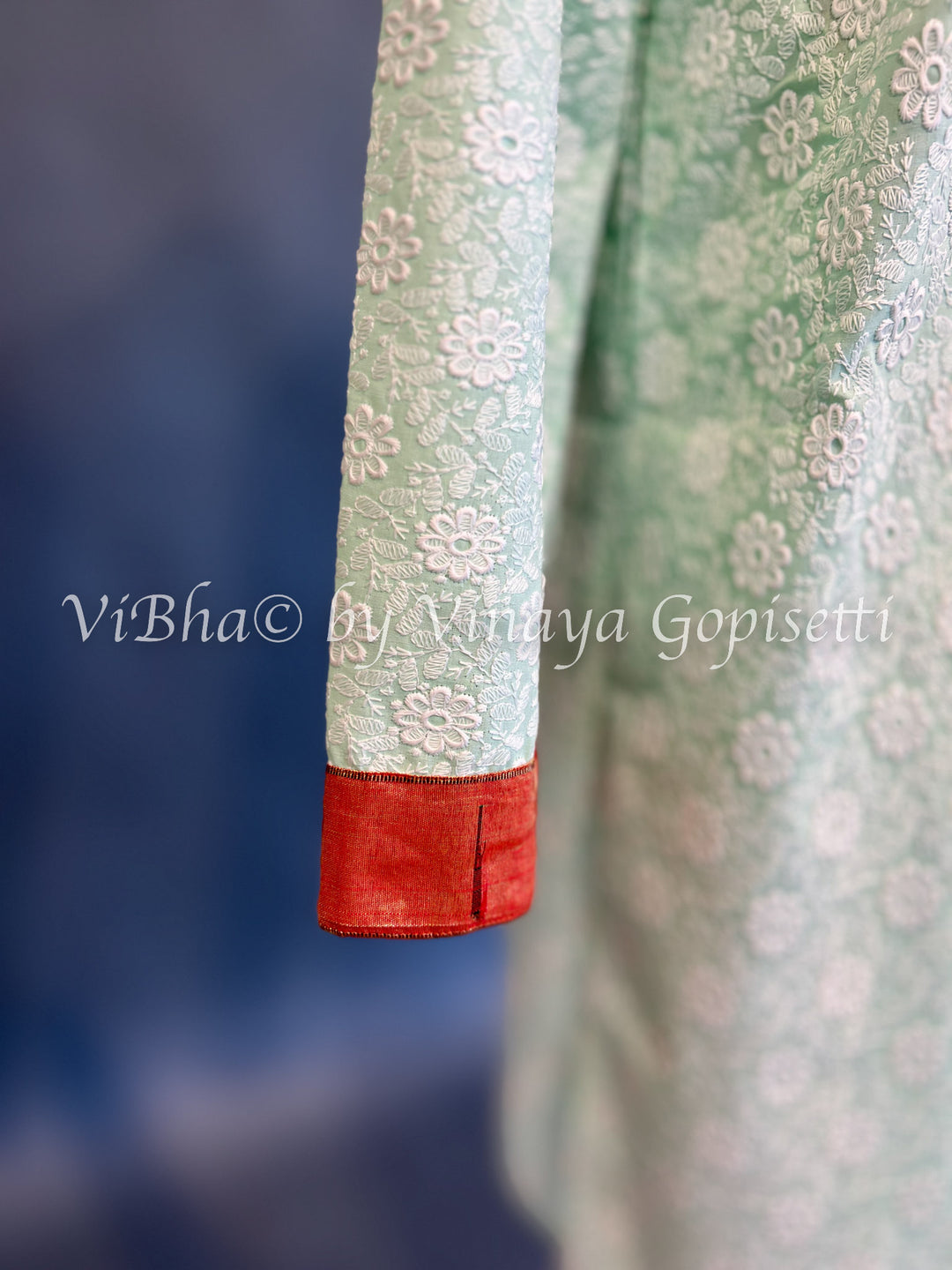 Mint Chikankari Kurta With Paithani Bordered Sleeves