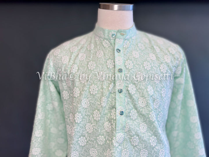 Mint Chikankari Kurta With Paithani Bordered Sleeves