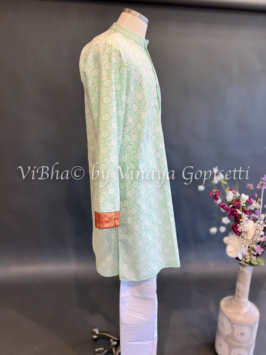 Mint Chikankari Kurta With Paithani Bordered Sleeves