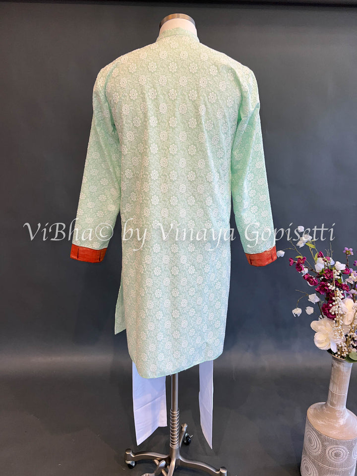 Mint Chikankari Kurta With Paithani Bordered Sleeves