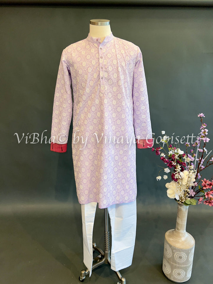 Lavender Chikankari Kurta With Paithani Bordered Sleeves