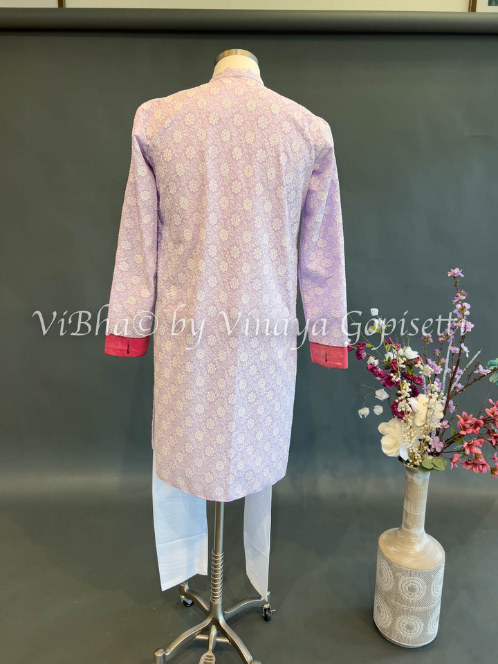 Lavender Chikankari Kurta With Paithani Bordered Sleeves