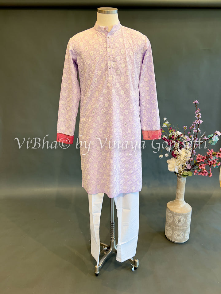 Lavender Chikankari Kurta With Paithani Bordered Sleeves