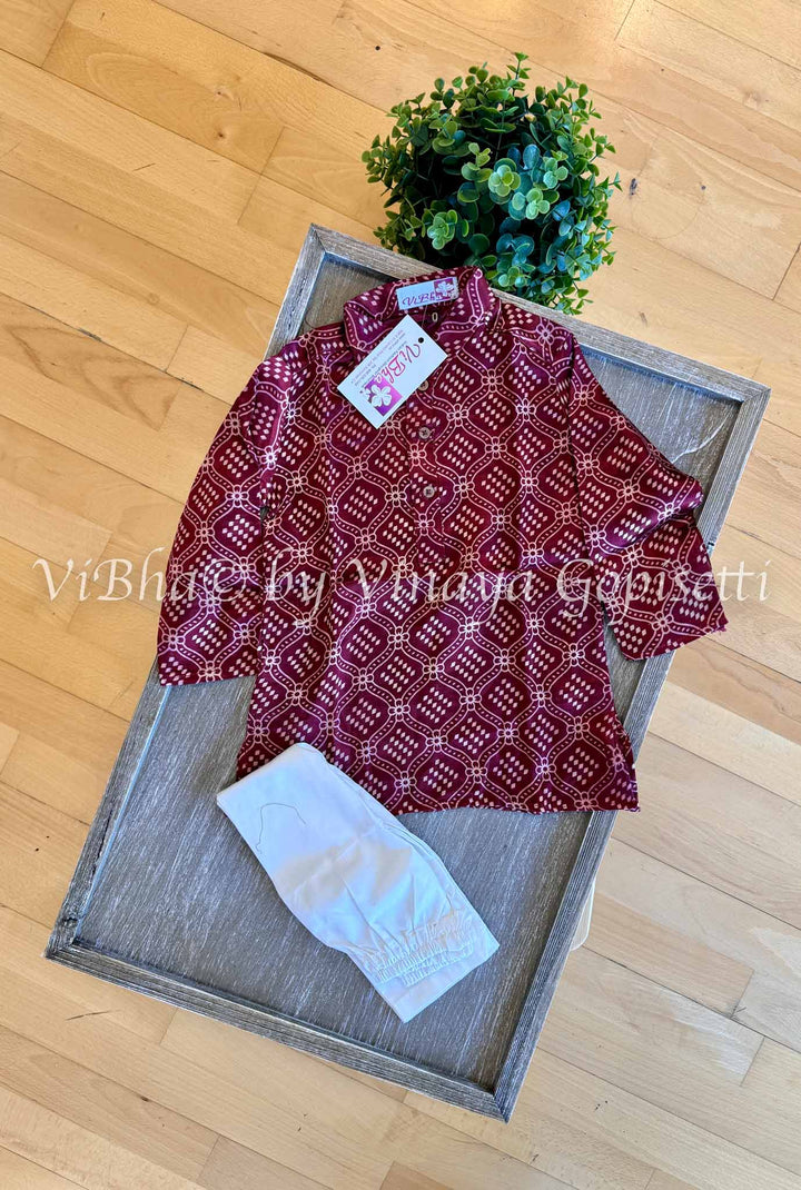 Maroon Gaji Silk Ajrakh Kurta With Bottom.