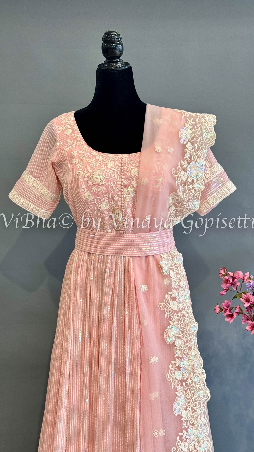 Pastel Pink Georgette Embroidered Floor Length Gown And Net Dupatta