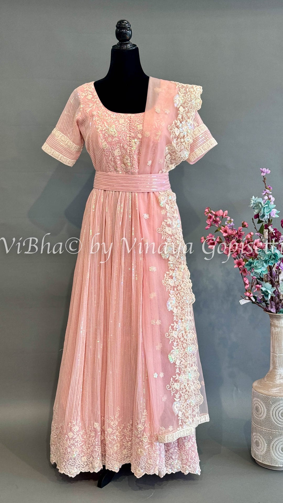 Pastel Pink Georgette Embroidered Floor Length Gown And Net Dupatta