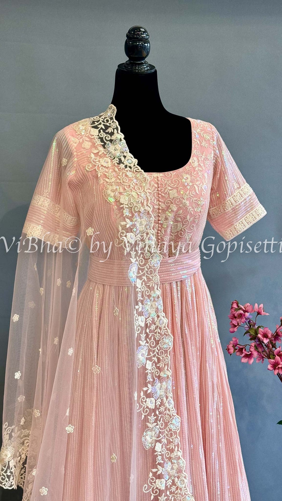 Pastel Pink Georgette Embroidered Floor Length Gown And Net Dupatta