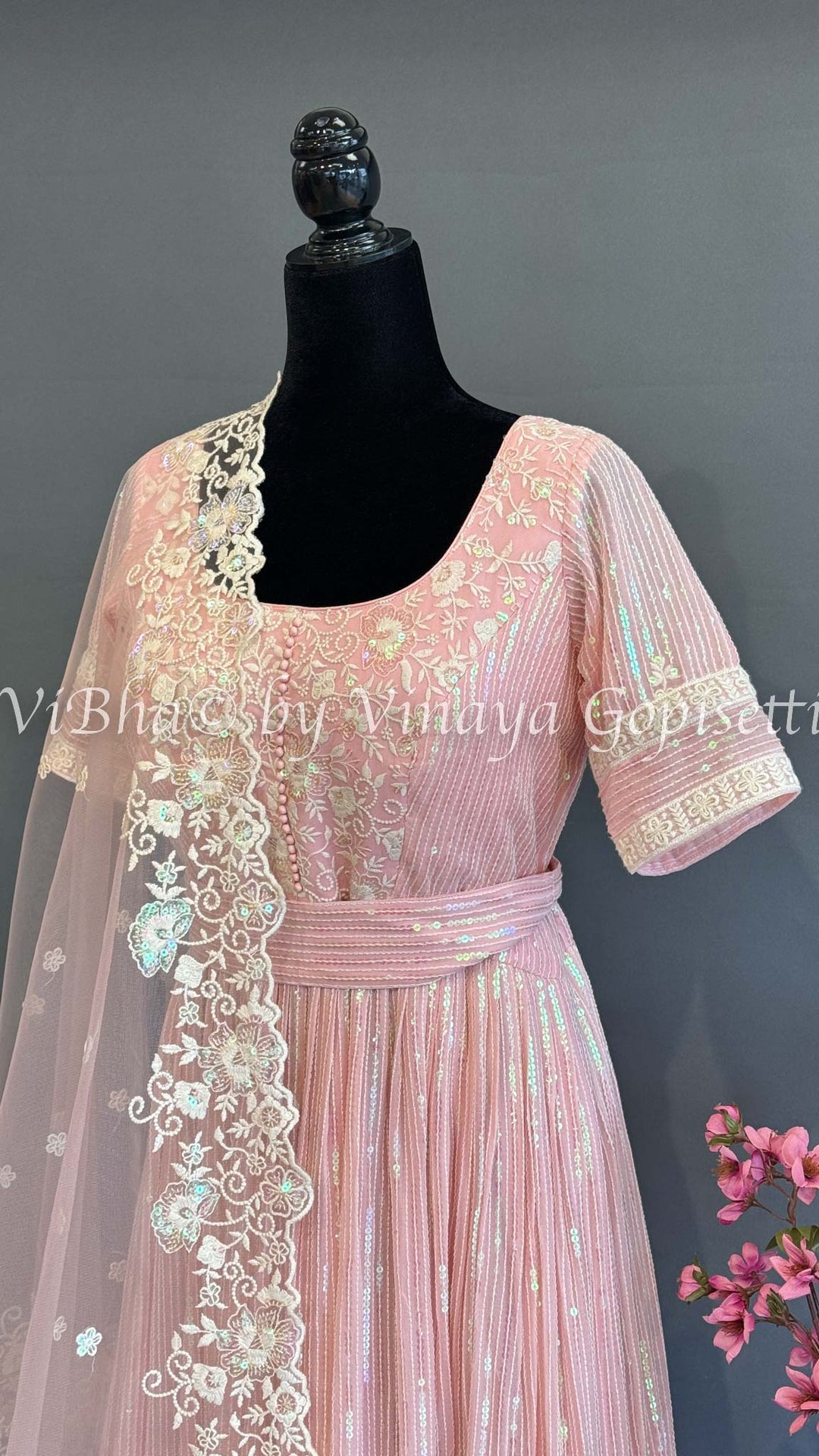 Pastel Pink Georgette Embroidered Floor Length Gown And Net Dupatta