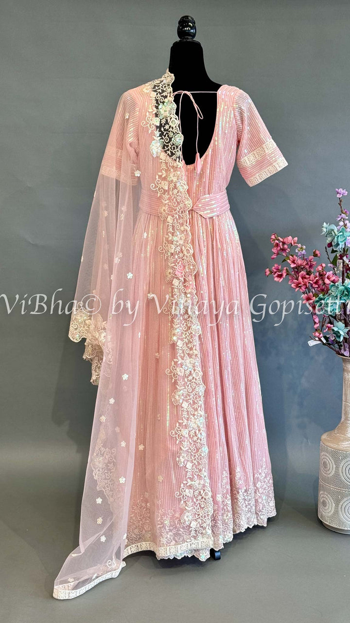 Pastel Pink Georgette Embroidered Floor Length Gown And Net Dupatta