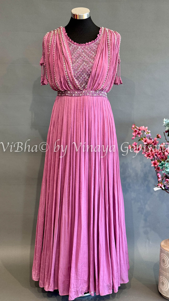 Dark Pink Crushed Floor Length Gown With Embroidered Yoke