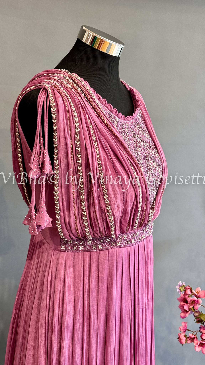 Dark Pink Crushed Floor Length Gown With Embroidered Yoke