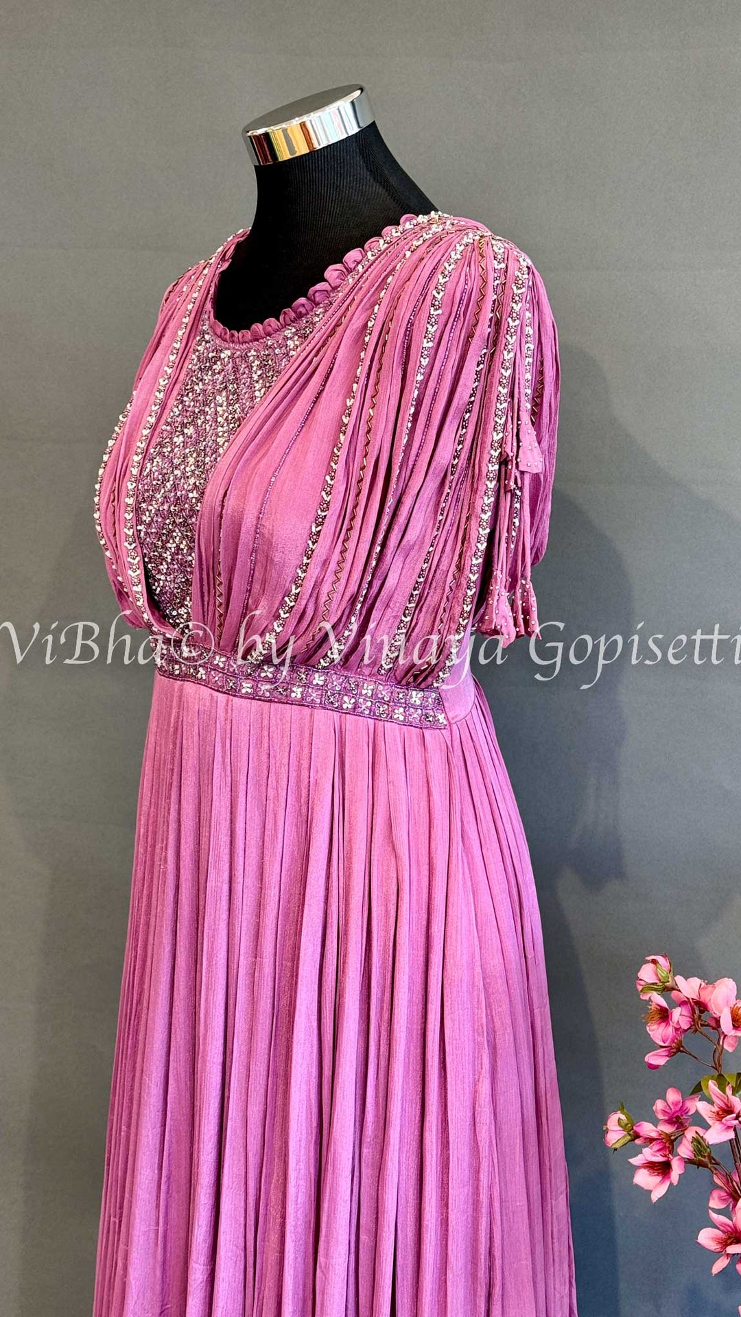 Dark Pink Crushed Floor Length Gown With Embroidered Yoke