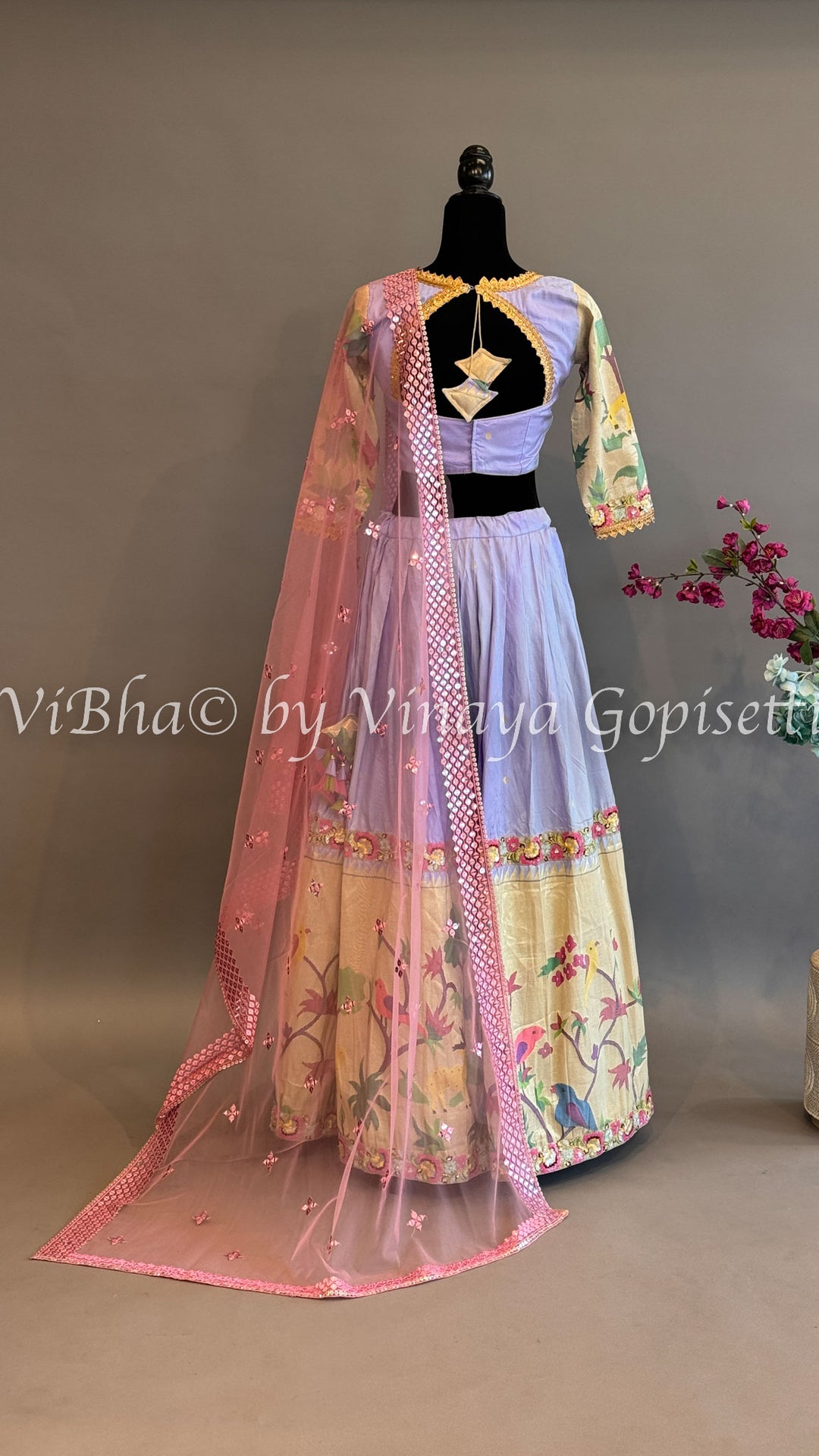 Lilac and Gold Paithani Silk Lehenga With Embroidered Borders And Burgundy Paithani Silk Dupatta