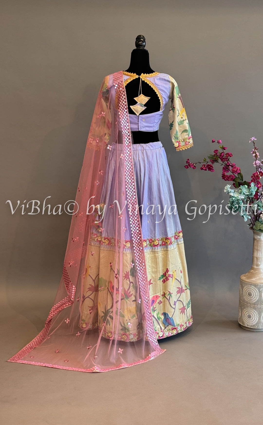 Lilac and Gold Paithani Silk Lehenga With Embroidered Borders And Burgundy Paithani Silk Dupatta