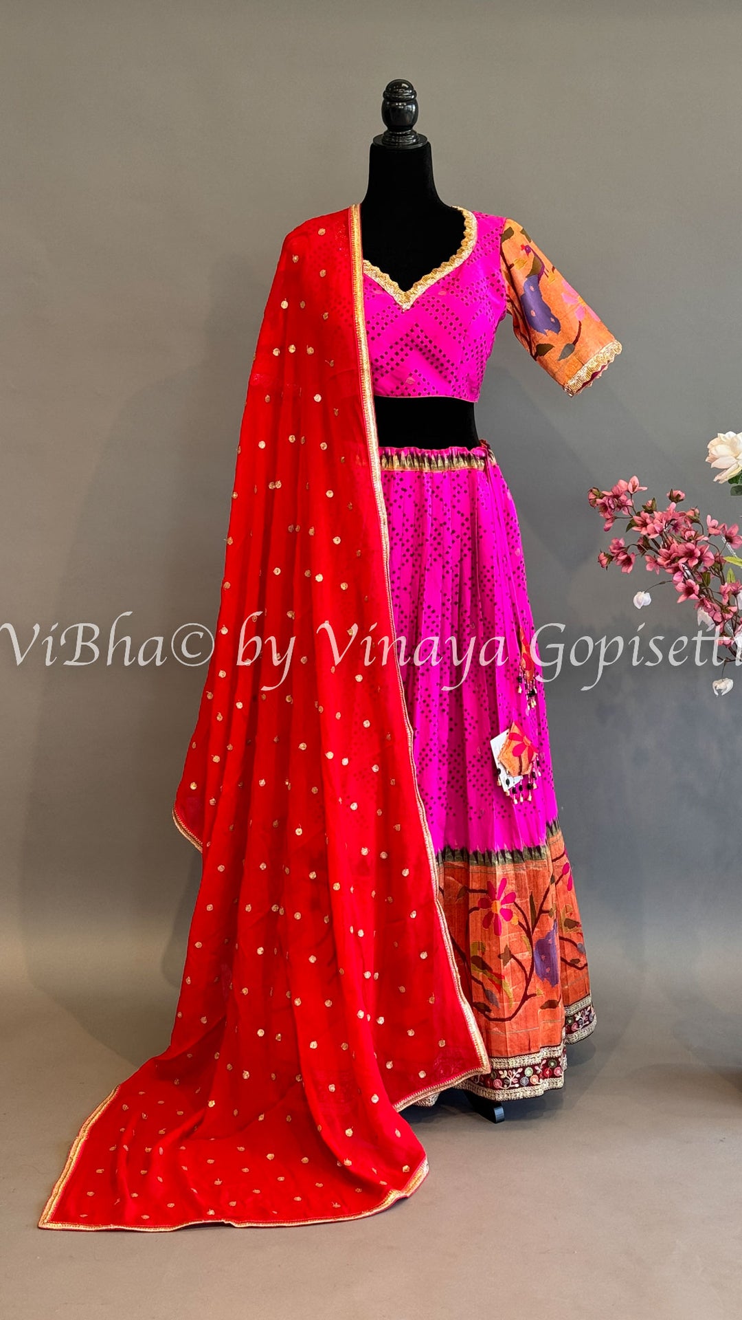 Hot Pink and Red Bandhani Paithani Silk Lehenga With Embroidered Borders And Red Paithani Silk Dupatta