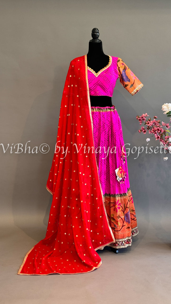 Hot Pink and Red Bandhani Paithani Silk Lehenga With Embroidered Borders And Red Paithani Silk Dupatta