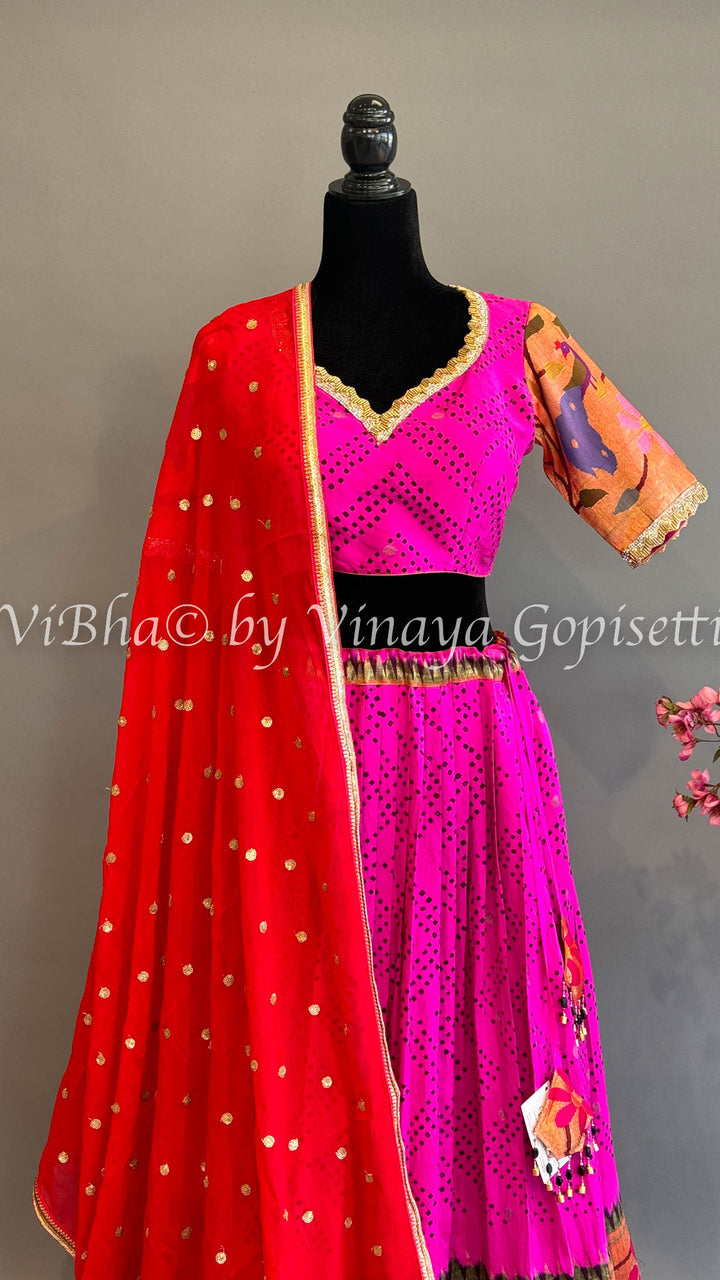 Hot Pink and Red Bandhani Paithani Silk Lehenga With Embroidered Borders And Red Paithani Silk Dupatta