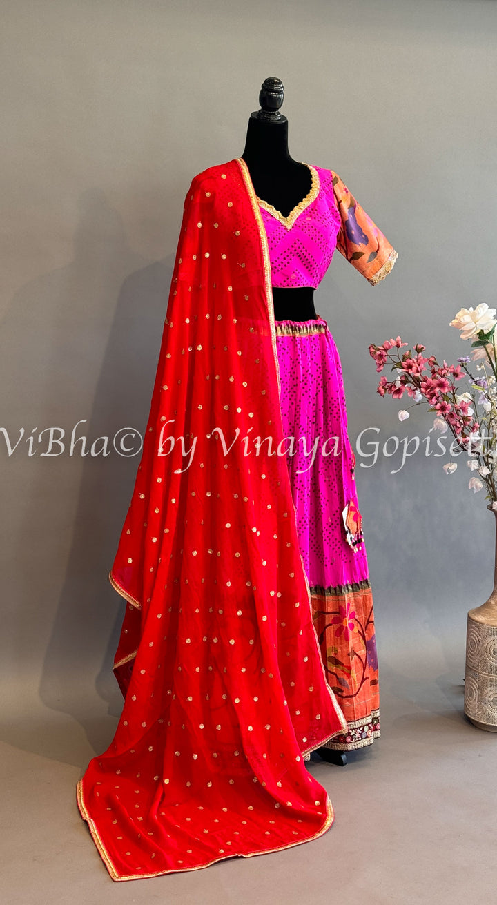 Hot Pink and Red Bandhani Paithani Silk Lehenga With Embroidered Borders And Red Paithani Silk Dupatta