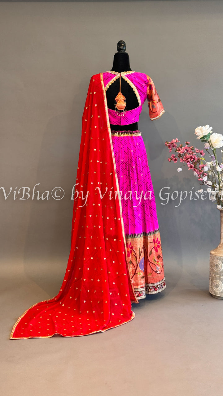 Hot Pink and Red Bandhani Paithani Silk Lehenga With Embroidered Borders And Red Paithani Silk Dupatta