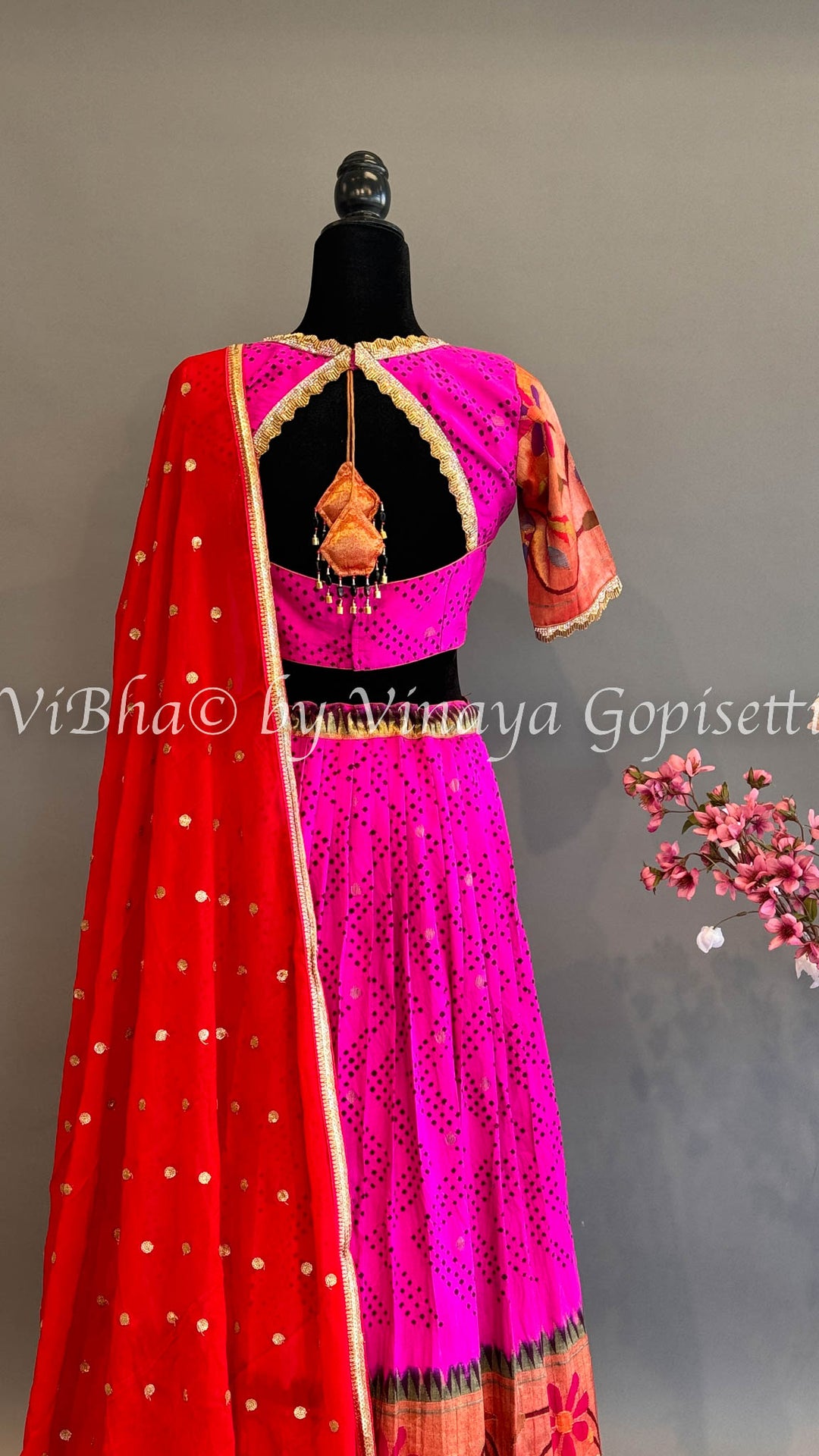 Hot Pink and Red Bandhani Paithani Silk Lehenga With Embroidered Borders And Red Paithani Silk Dupatta