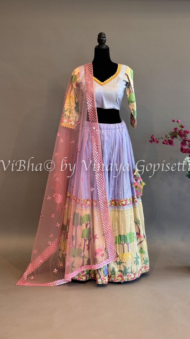 Lilac and Gold Paithani Silk Lehenga With Embroidered Borders And Burgundy Paithani Silk Dupatta