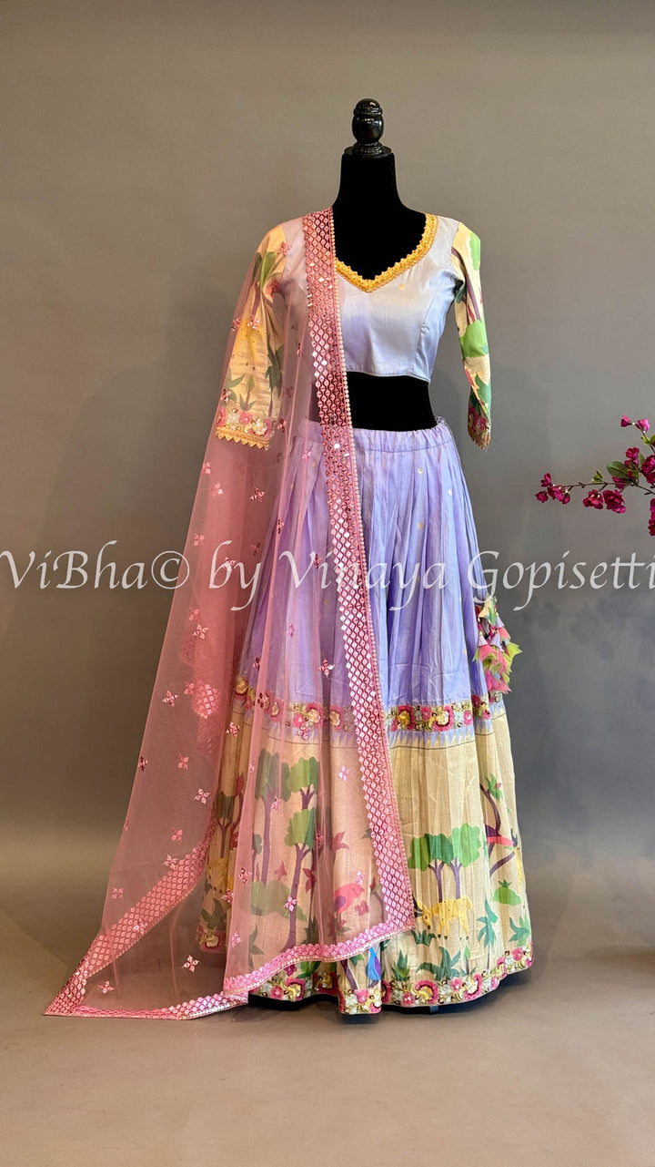 Lilac and Gold Paithani Silk Lehenga With Embroidered Borders And Burgundy Paithani Silk Dupatta