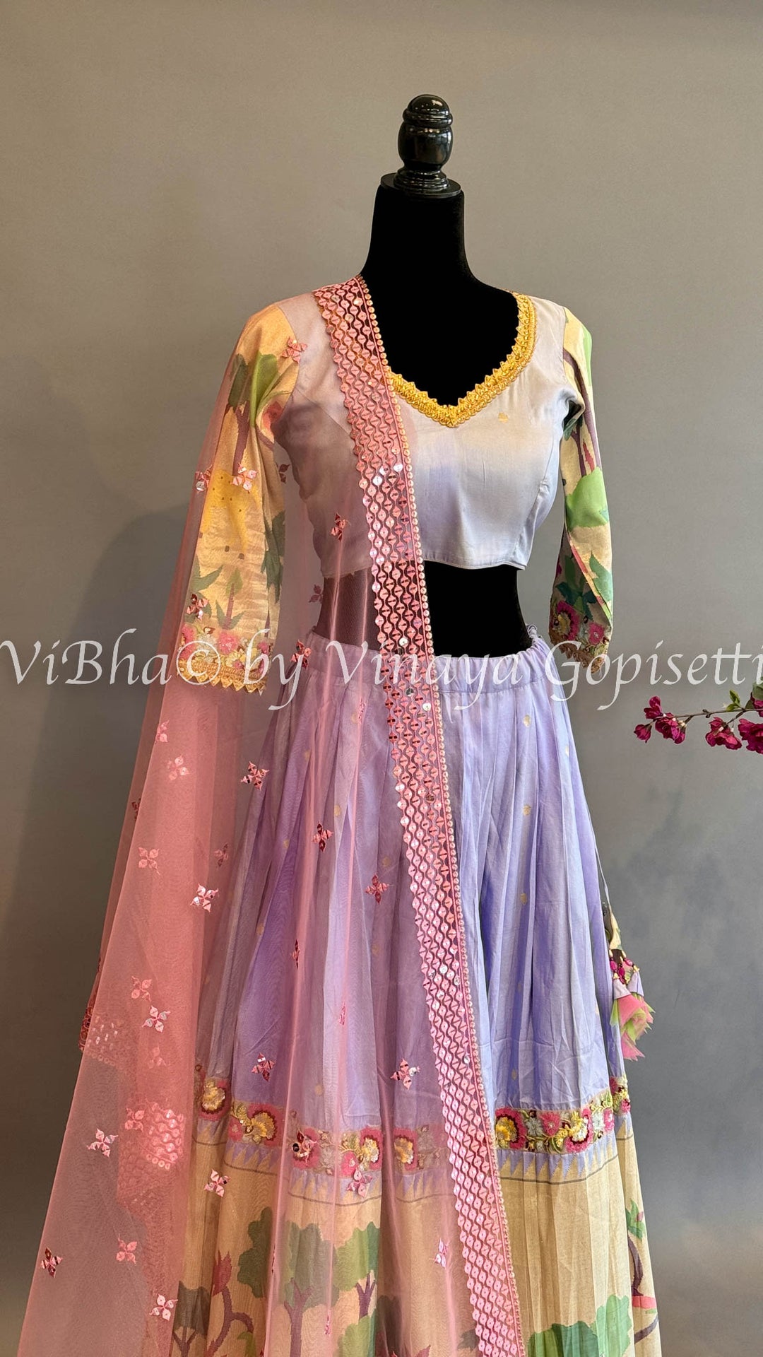 Lilac and Gold Paithani Silk Lehenga With Embroidered Borders And Burgundy Paithani Silk Dupatta