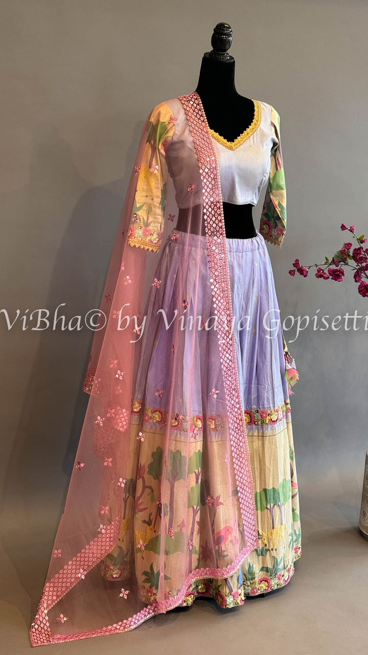 Lilac and Gold Paithani Silk Lehenga With Embroidered Borders And Burgundy Paithani Silk Dupatta