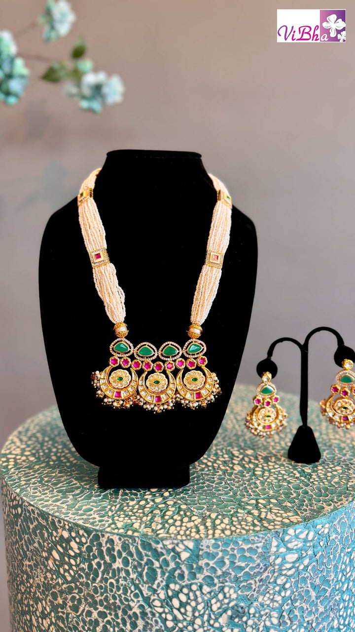 Pearl Haaram With Ruby And Emerald Pendant Set