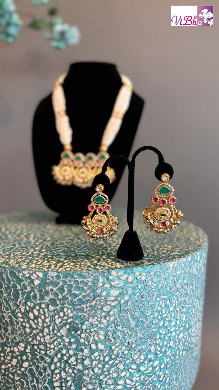 Pearl Haaram With Ruby And Emerald Pendant Set