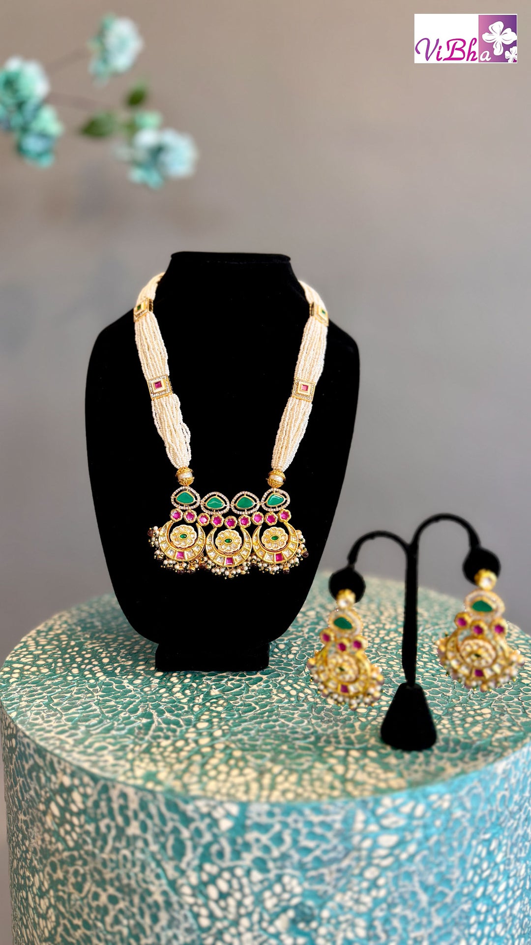 Pearl Haaram With Ruby And Emerald Pendant Set