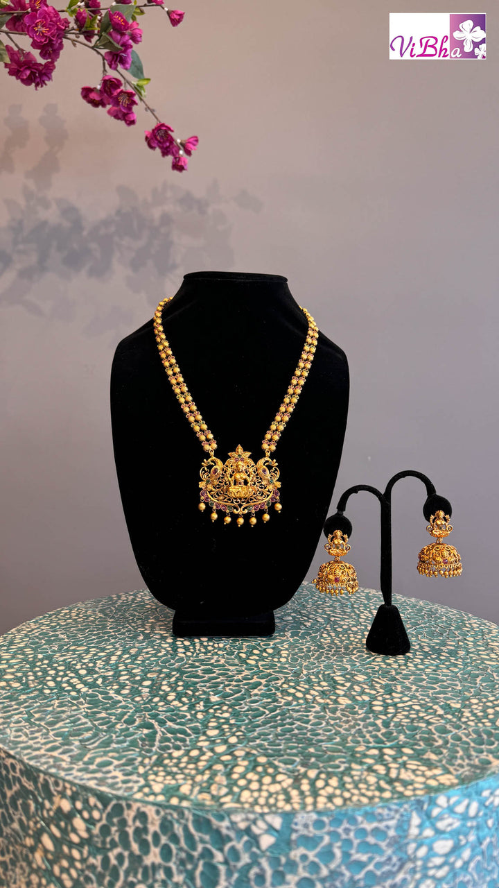 Emerald and Ruby Laxmi Devi pendant Long Necklace Set