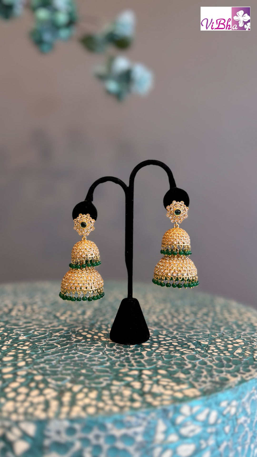 Emerald and CZ Stone Jhumka Earrings